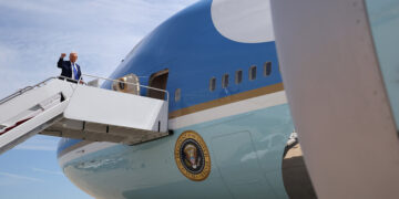 JOINT BASE ANDREWS, MARYLAND - MAY 12: U.S. Presidåçent Donald Trump boards Air Force One on May 12, 2025, at Joint Base Andrews, Maryland. President Trump is traveling to Saudi Arabia, the first stop on his four-day Middle East visit and the first international trip of his second term. (Photo by Win McNamee/Getty Images)